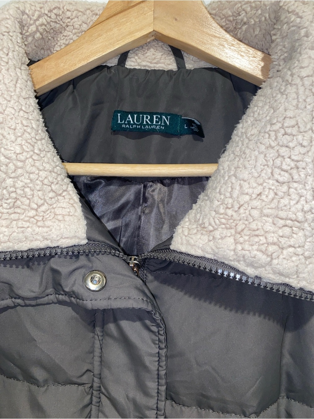 Lauren Ralph Lauren Taupe Puffer Jacket with Cream Sherpa Collar - Picture 3 of 8